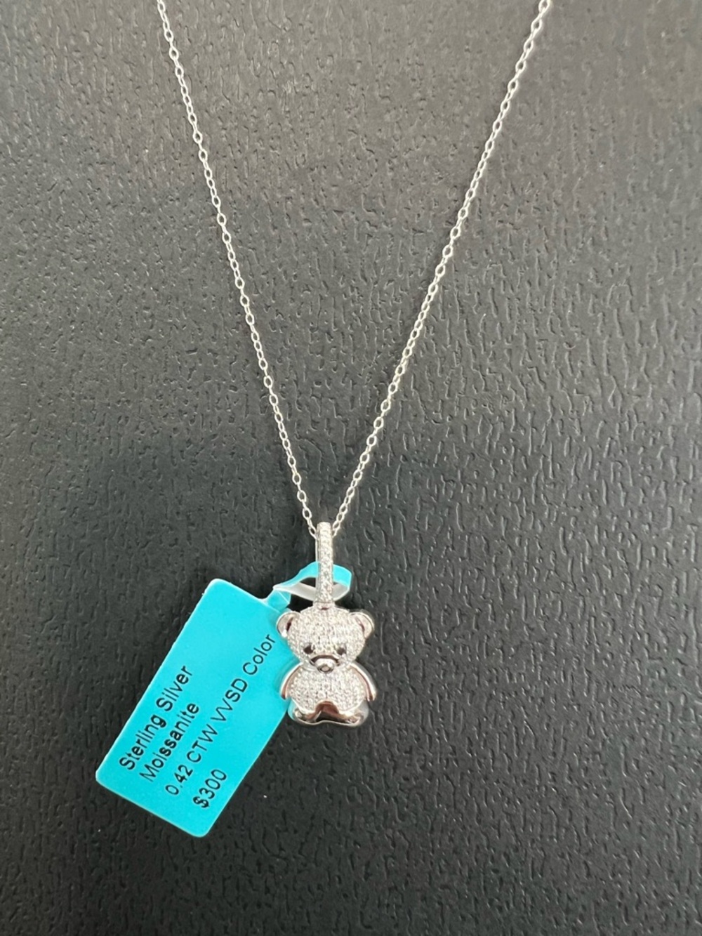 Sterling Silver Moissanite Teddy Bear Pendant Necklace - Silver